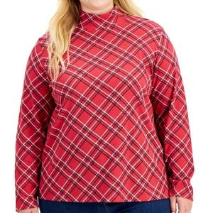 Karen Scott Womens Plus Houndstooth Plaid Mock-Neck Top Red Size 0X